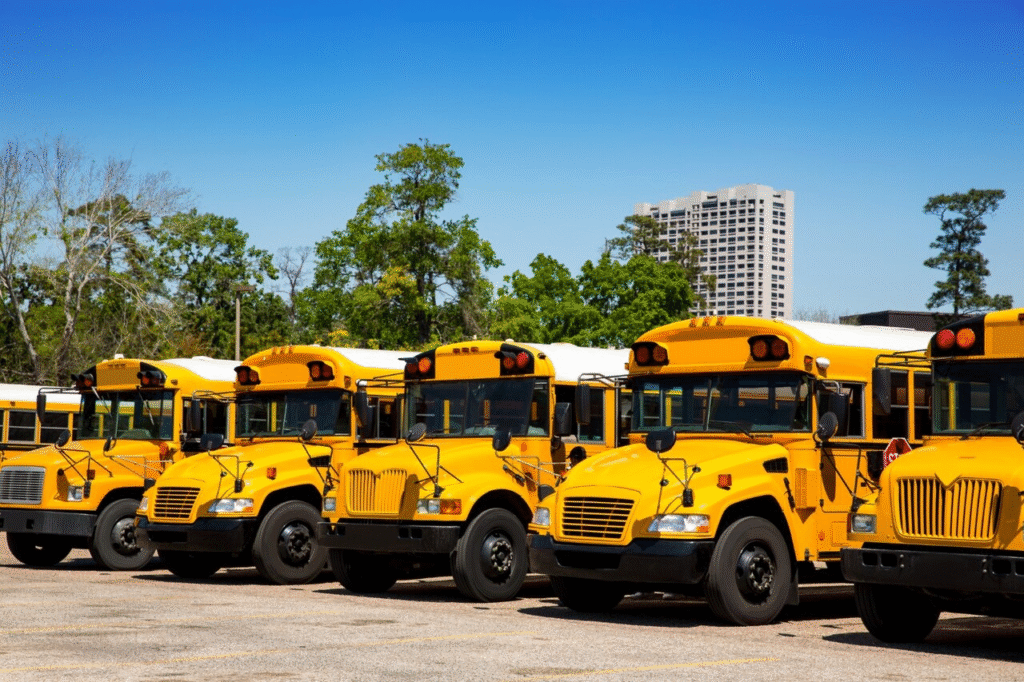 A row of bright yellow school buses parked in a lot under clear blue skies.
