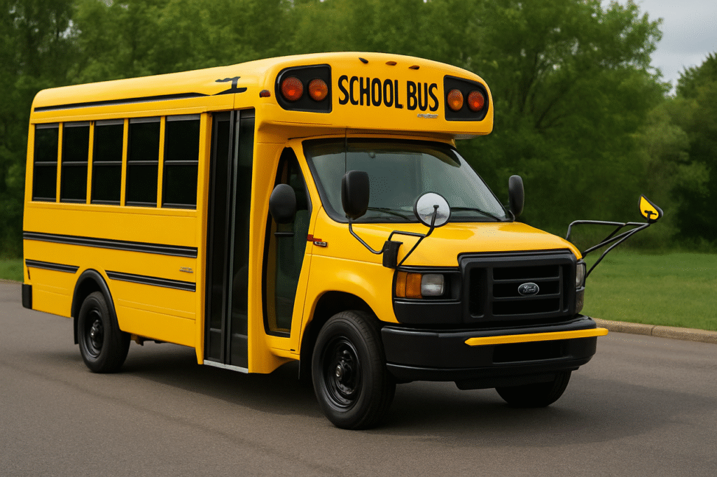 A yellow mini school van travels down a road 