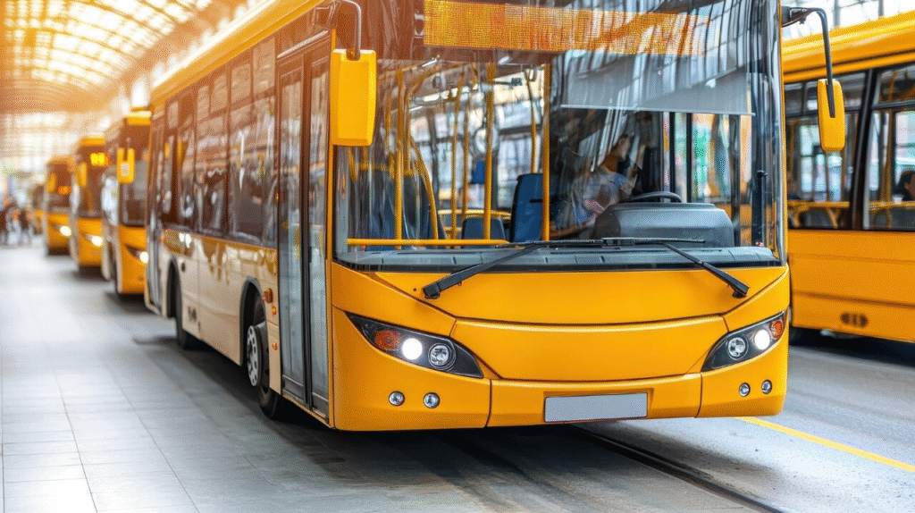 A yellow bus is parked in a station.