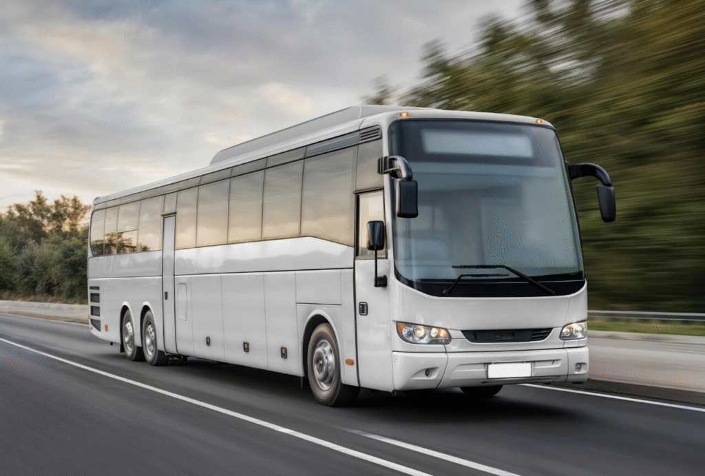 A white bus traveling along a road surrounded by greenery.
