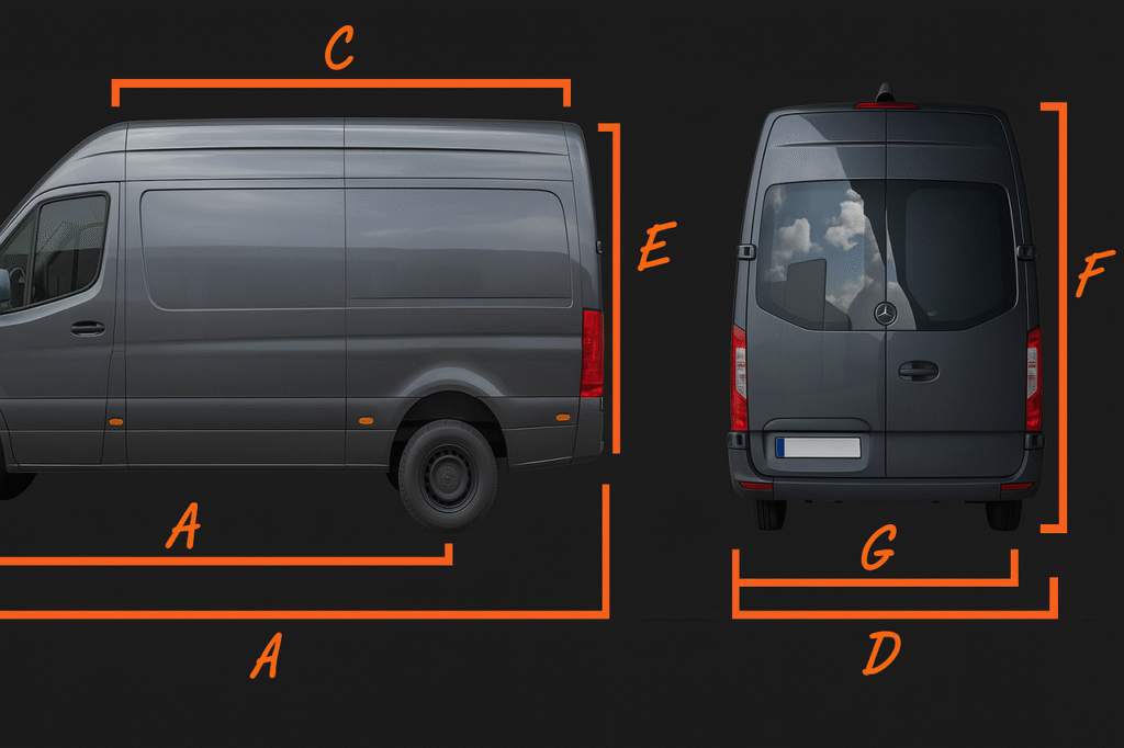 A Black van showcasing its dimensions and spacious layout.