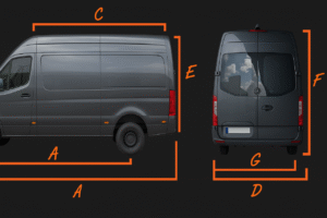 A Black van showcasing its dimensions and spacious layout.
