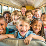 A group of smiling children sitting together on a school bus, enjoying their ride to school.