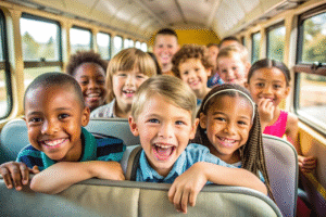 A group of smiling children sitting together on a school bus, enjoying their ride to school.