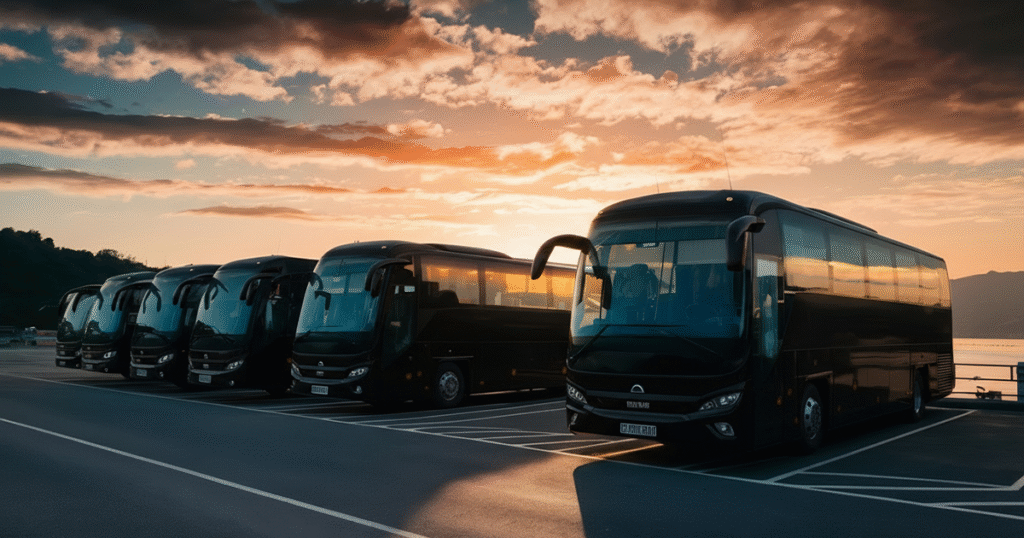 A row of black charter buses parked in a lot, showcasing their sleek design and spacious interiors.