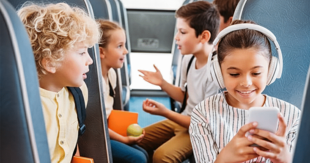 Children on a charter bus road trip, wearing headphones and using cell phones while playing games together.