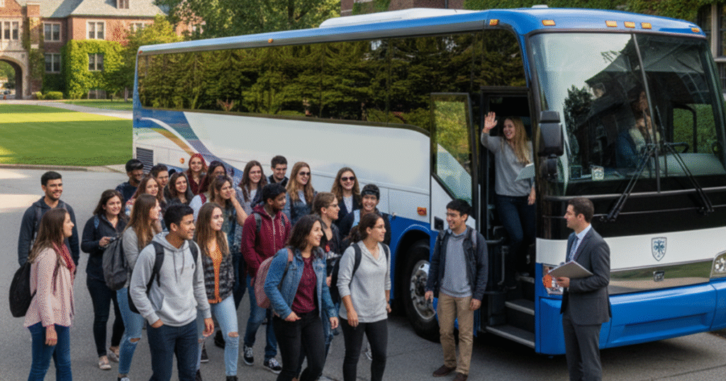 Students standing together in front of a bus, preparing for their field trip adventure.