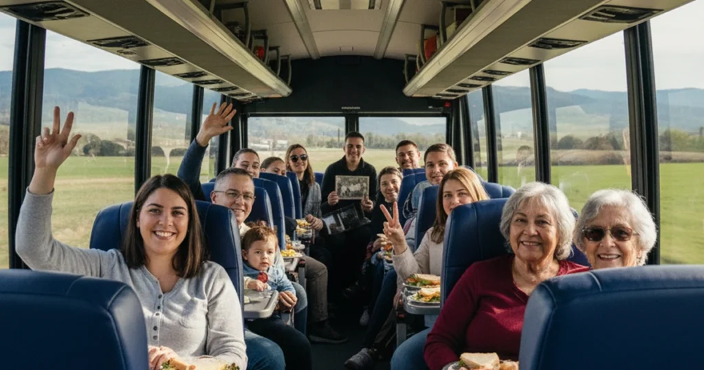A group of people happily traveling on a bus.