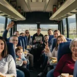 A group of people happily traveling on a bus.