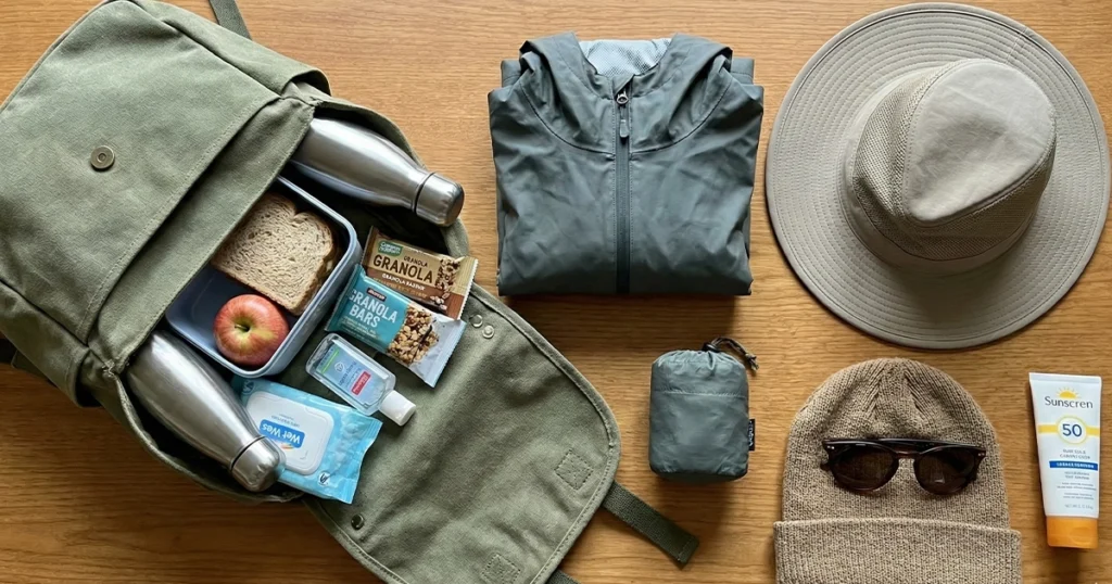 Essential items to bring on a field trip displayed