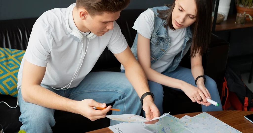 Group travel planning with maps and itinerary guide